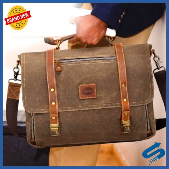 15.6 Inch Laptop Messenger Bag Waterproof Leather Briefcase 16 Pockets - Picture 2 of 6